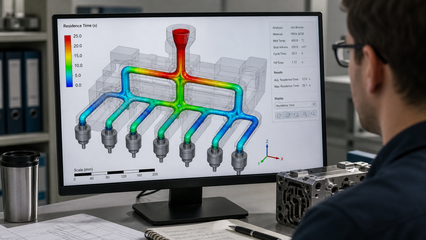 Visualizing Melt Residence Time in a Hot Runner A computer simulation showing the flow of molten polymer through a complex hot-runner system.