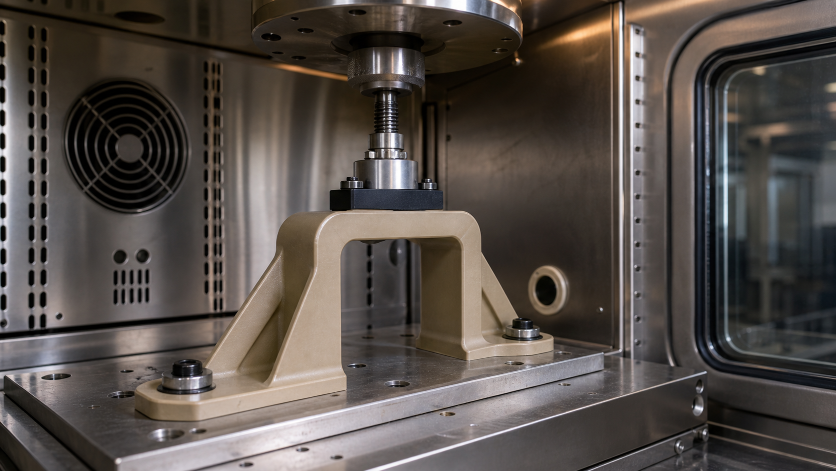 Visualizing Long-Term Creep in a Polymer Support A high-performance PEEK support bracket under constant mechanical load in a controlled temperature chamber.