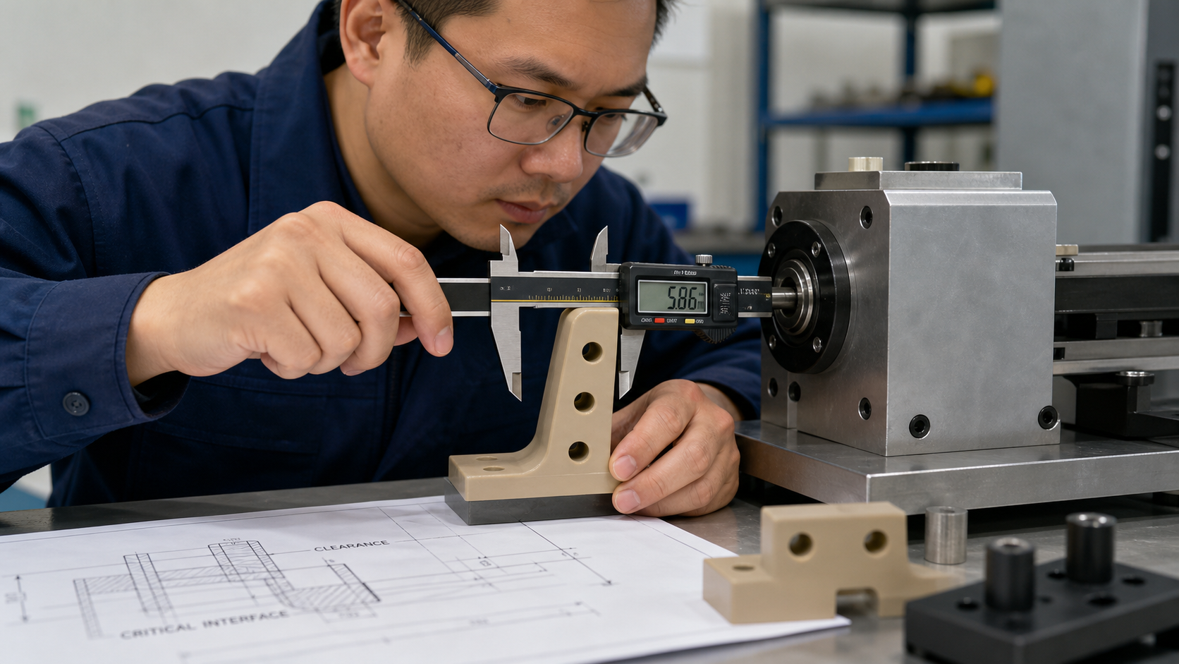 Measuring Functional Fit to Define Allowable Movement An engineer carefully using a digital caliper to measure the critical clearance between a polymer bracket and a metal component.