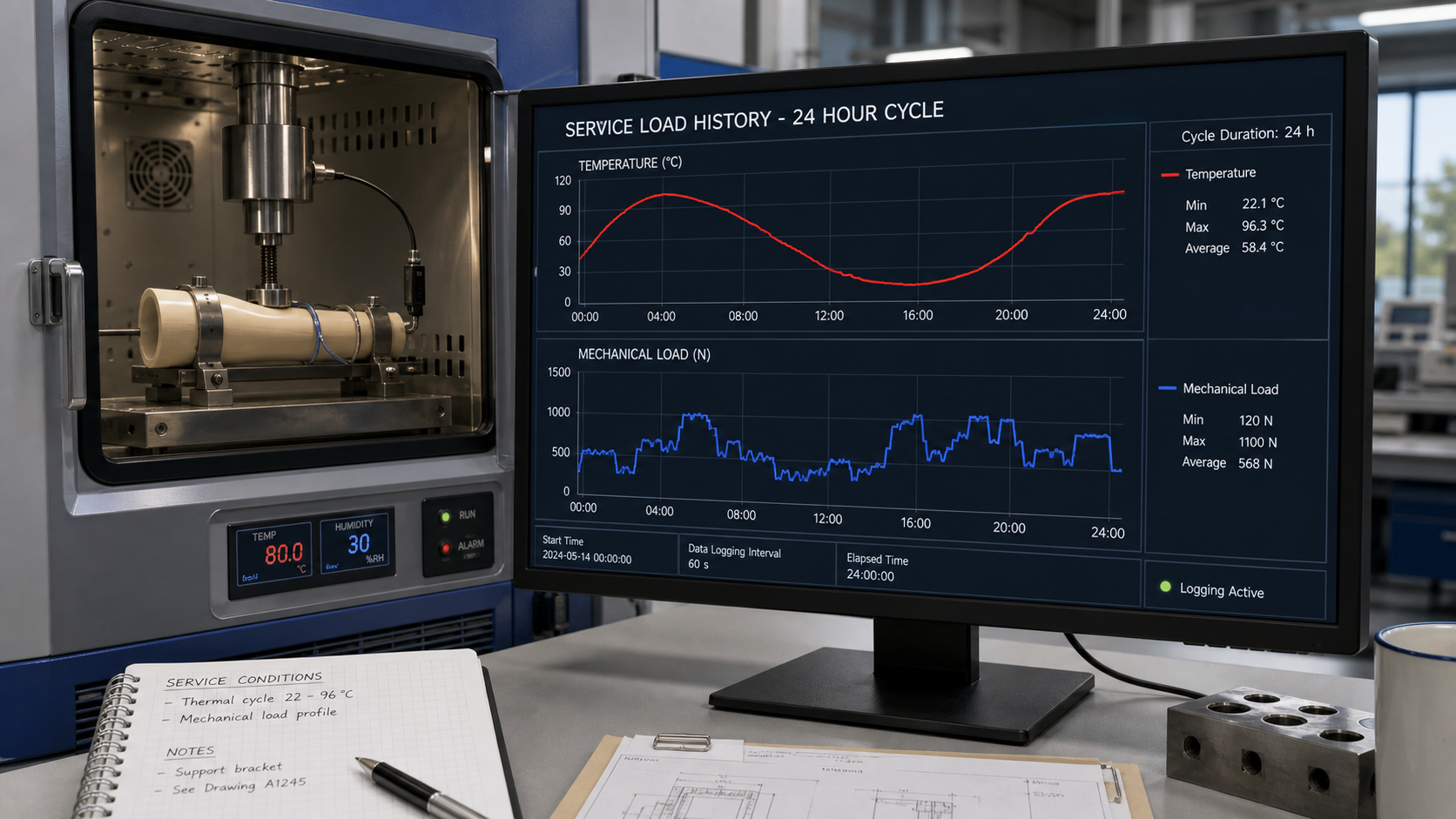 Tracking a Component's Real-World Load History A computer monitor displaying a graph of fluctuating temperature and mechanical load data recorded over a 24-hour cycle.