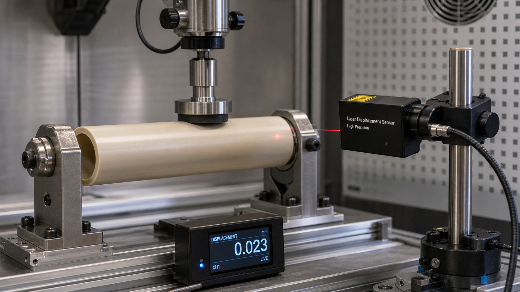 Precise Displacement Measurement in a Service Simulation A lab test fixture holding a polymer tube, with a high-precision laser displacement sensor pointed at its surface to measure creep.