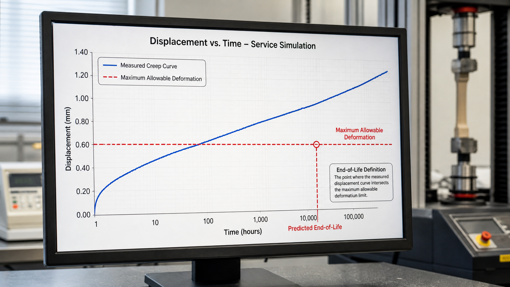Defining the End-of-Life Point on a Deformation Curve A performance graph showing a measured creep curve steadily rising over time and intersecting a red line marked 'Maximum Allowable Deformation'.