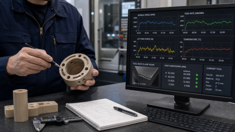 A split view shows a machinist's hands and a computer screen with process data graphs