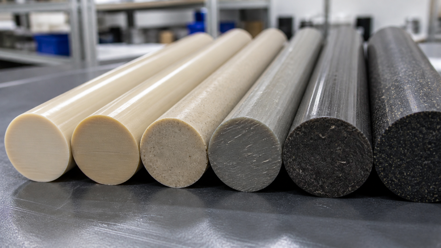 A close-up of different PEEK stock rods showing variations in color and texture from fillers