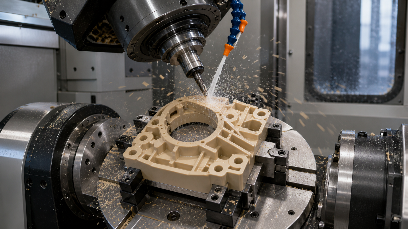 A 5-axis CNC machine precisely cutting a complex industrial polymer component with coolant spray visible