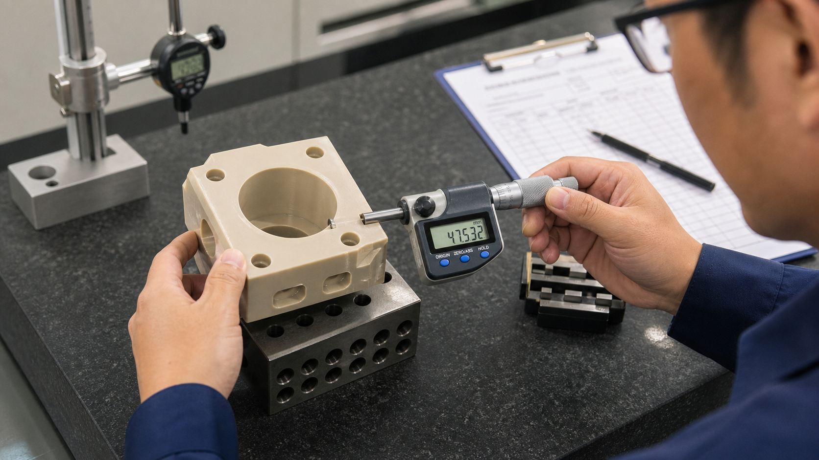 An engineer uses a digital micrometer to inspect a freshly machined PEEK component on a granite surface plate