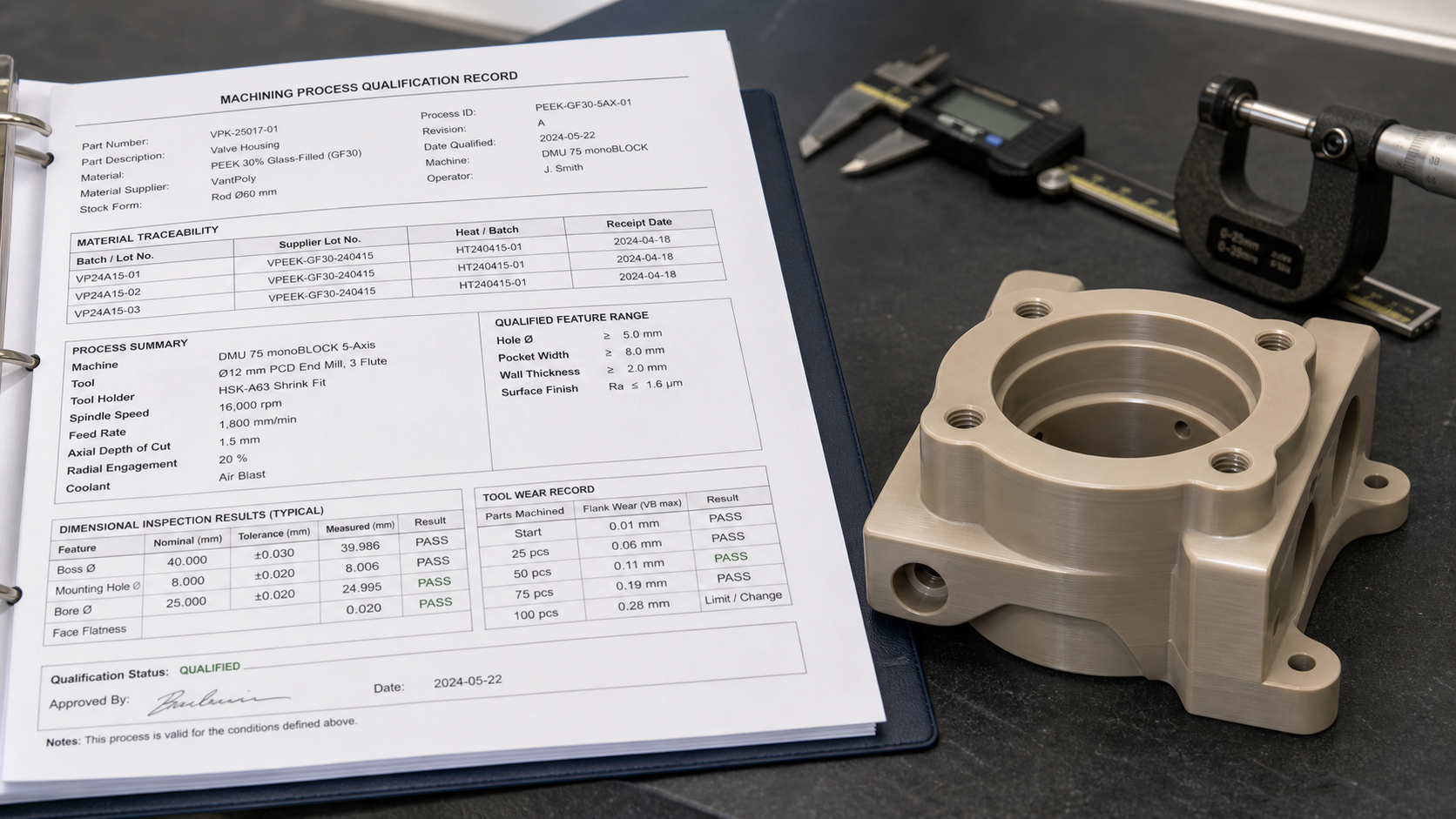 A technical document showing batch numbers and inspection data lies next to a finished polymer component