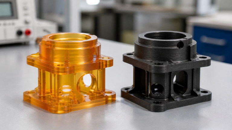 A side-by-side comparison of a translucent amber unfilled polyimide component next to a dark, filled polyimide part.