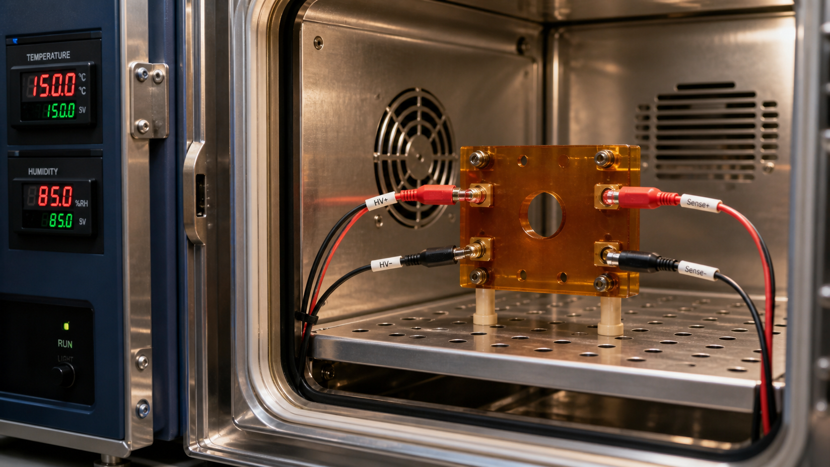 Verifying Polymer Performance Under Application-Specific Conditions A polyimide component inside a climate chamber, with wires attached to measure its electrical properties under high temperature.