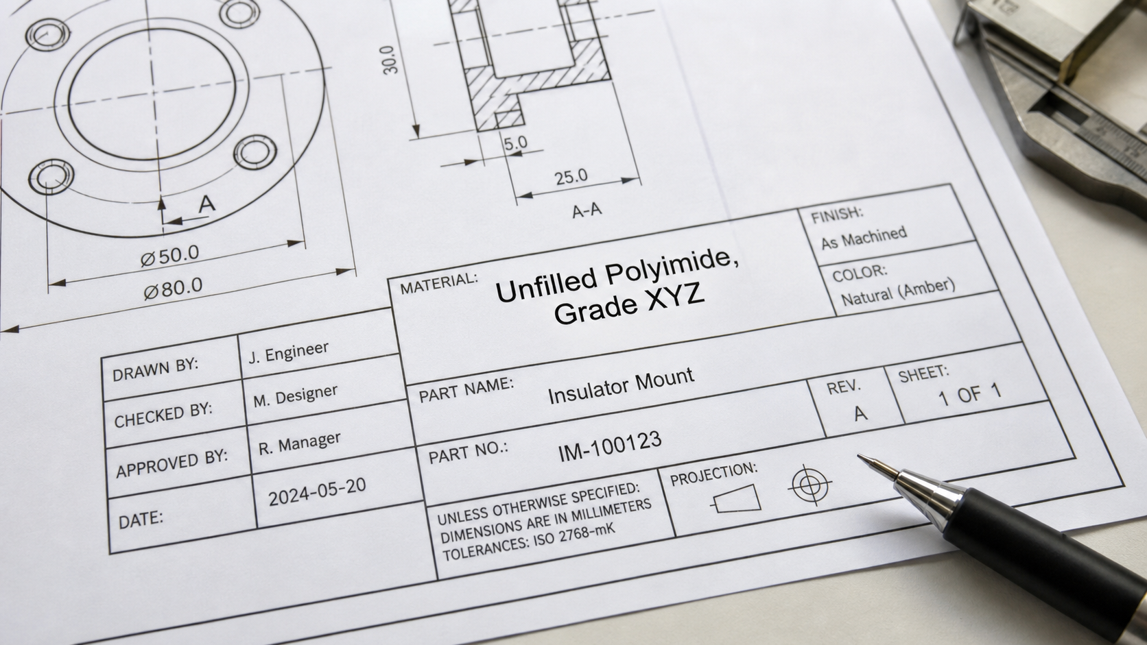 The Importance of Precise Material Specification on Drawings A close-up of a technical engineering drawing where the material specification box clearly indicates 'Unfilled Polyimide, Grade XYZ'.