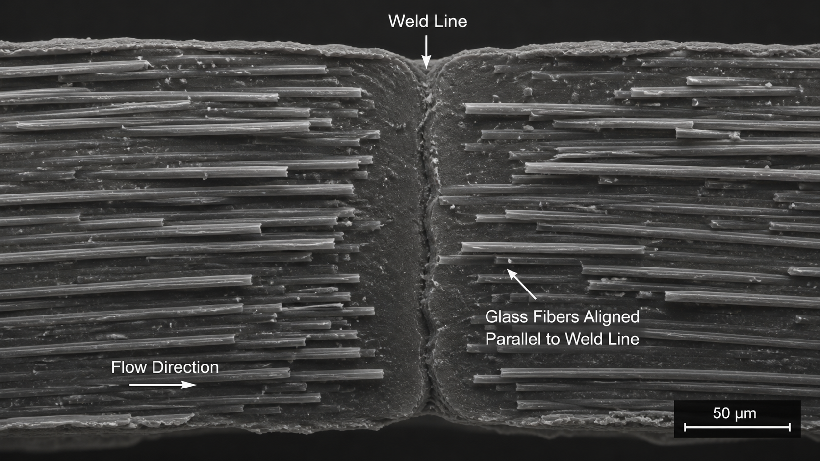 Fiber Orientation at a Polymer Weld Line A microscopic view of a PPS weld line showing glass fibers aligned parallel to the seam, not crossing it.