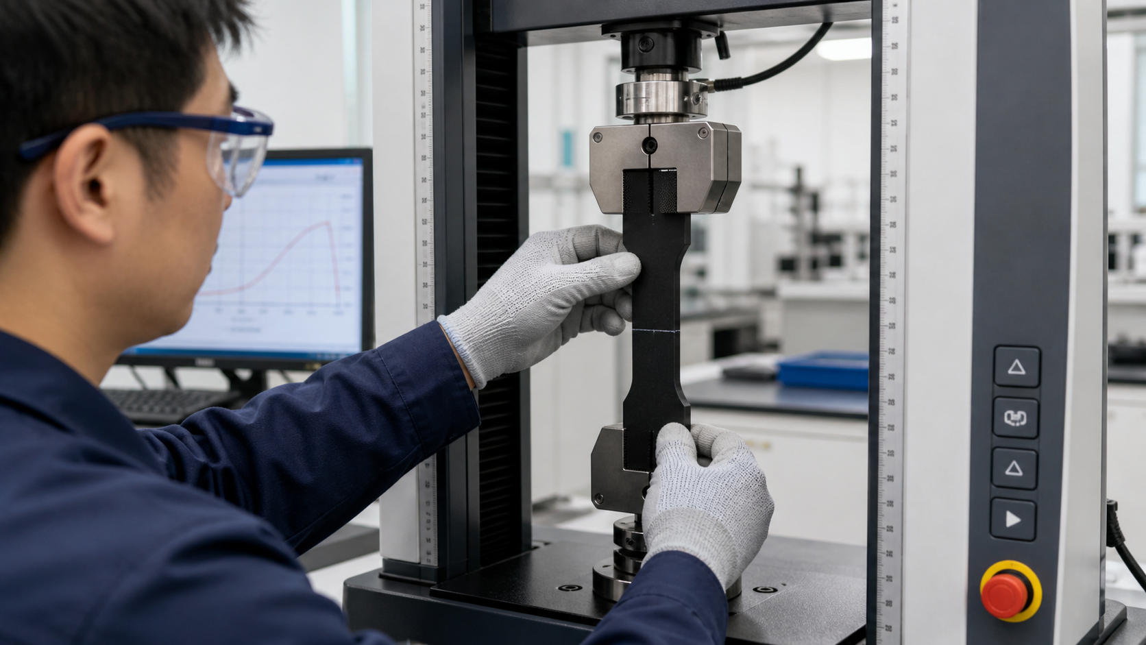 Determining Weld Line Strength with Tensile Testing A technician placing a black plastic test specimen with a central weld line into a tensile testing machine.
