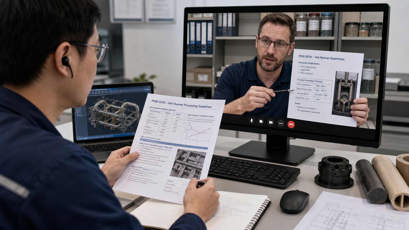 Collaborating with Suppliers for Technical Evidence An engineer on a video call discussing a technical document with a supplier on-screen.