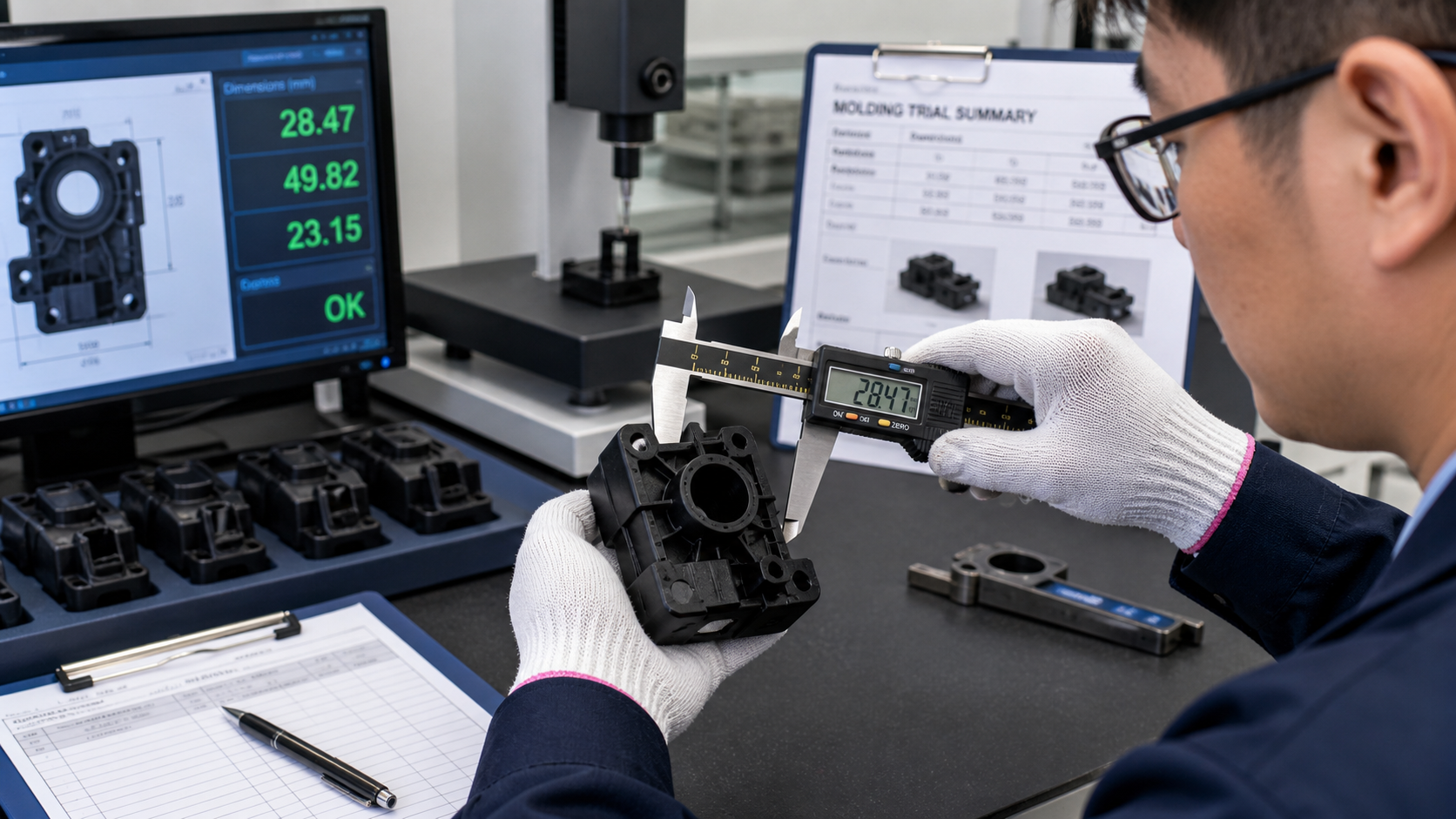 Final Part Qualification and Dimensional Inspection A quality inspector using digital calipers to measure a precision-molded black polymer component.