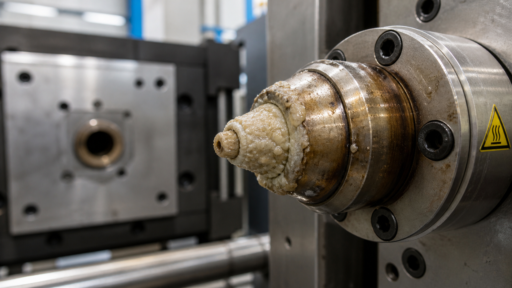 Diagnosing PEEK Nozzle Freeze-Off in Insert Molding A close-up of an injection molding machine nozzle tip frozen with solidified PEEK polymer