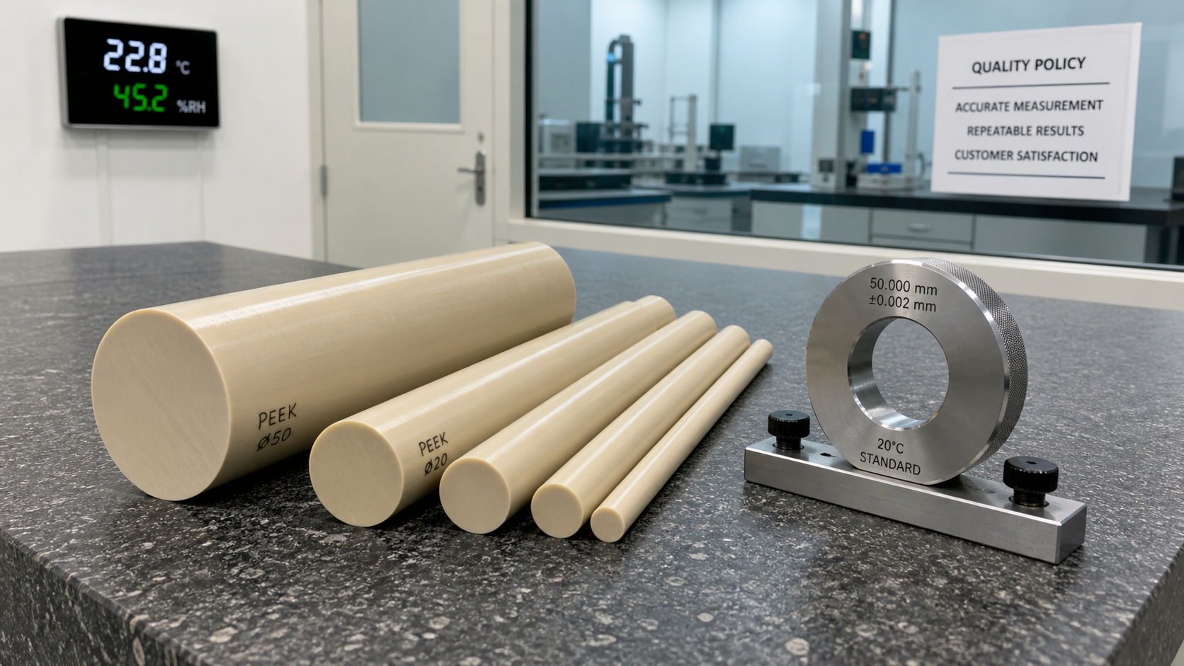 Several PEEK rods and a metal inspection gauge resting on a granite surface plate inside a quality control room.