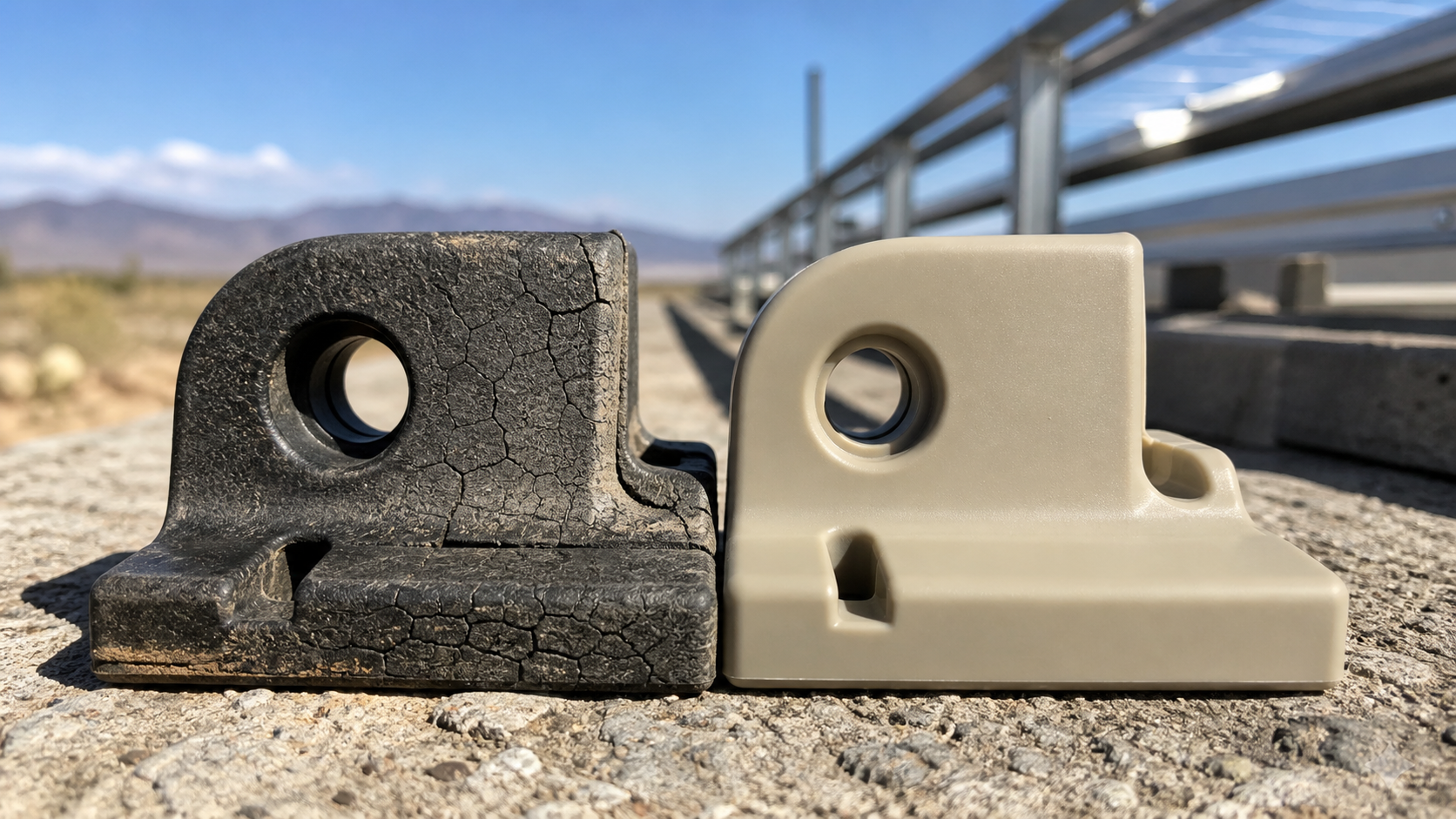 Visualizing the Effects of Long-Term Weathering on Polymers A weathered, cracked polymer component beside a new, smooth one showing the contrast of material degradation over time