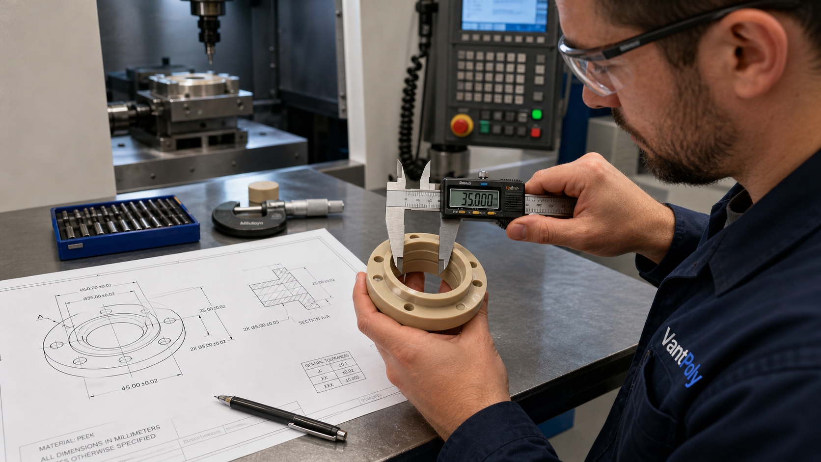 Achieving Tight Tolerances in PEEK Machining A CNC machinist measures a finished PEEK component with digital calipers against a technical drawing.