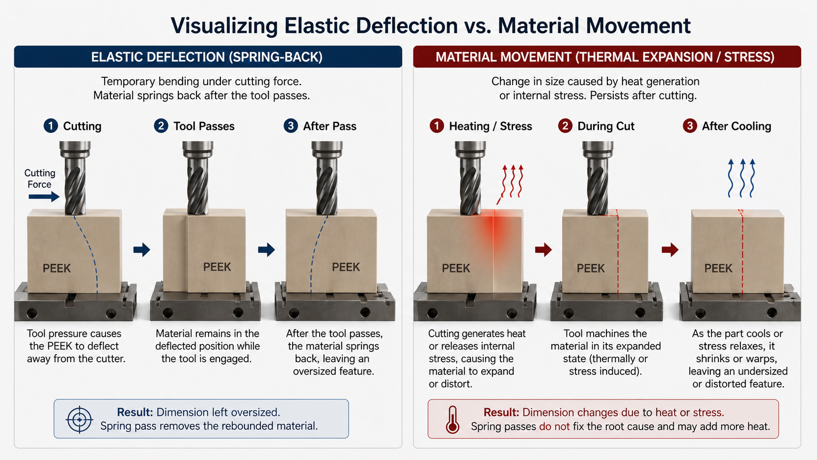 Visualizing Elastic Deflection vs. Material Movement A diagram comparing elastic spring-back versus thermal expansion in a PEEK workpiece during a CNC milling operation.