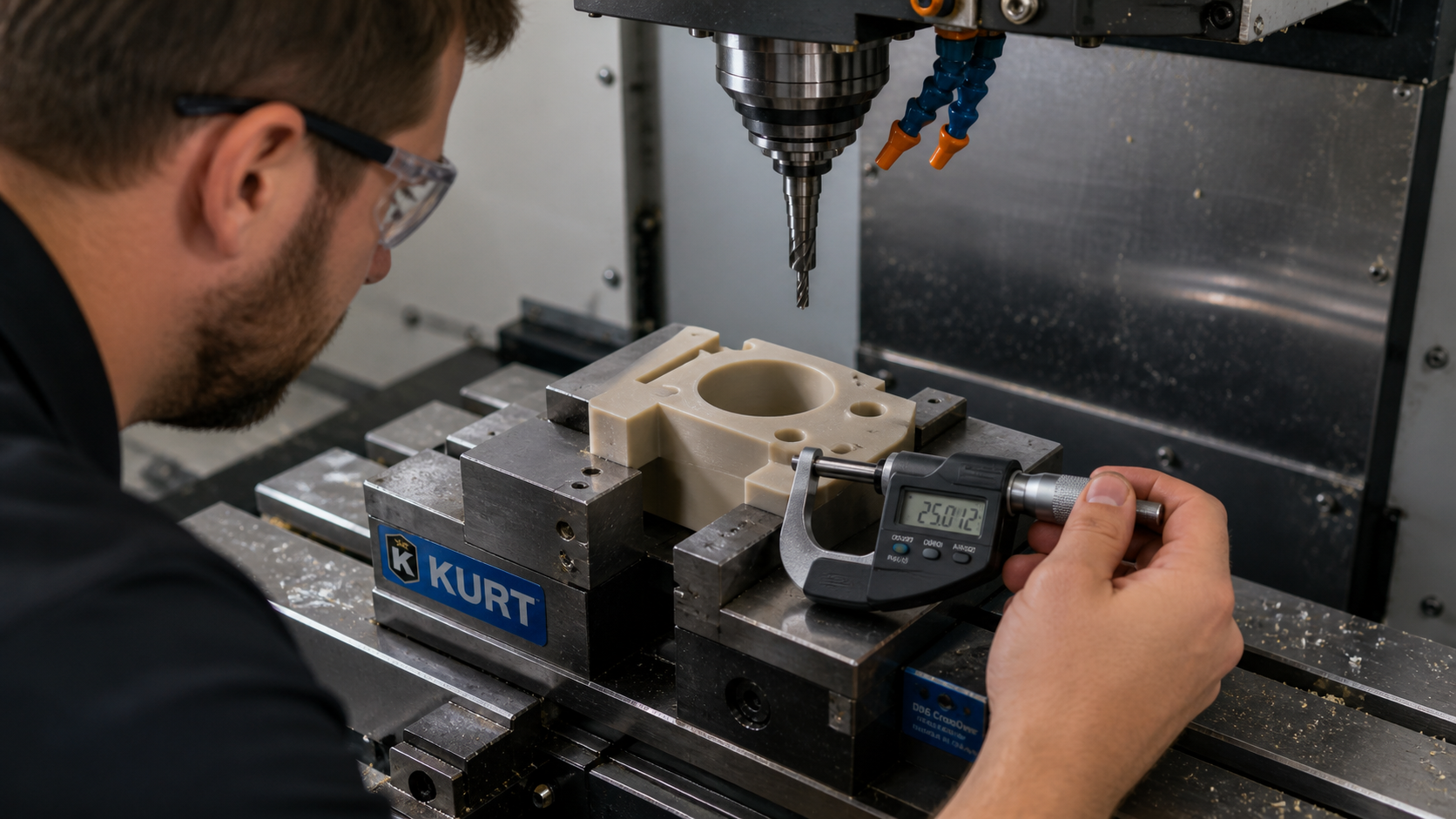 Quantifying Material Removal From a Spring Pass A machinist using a high-precision digital micrometer to measure a PEEK part still clamped in a CNC machine vise.