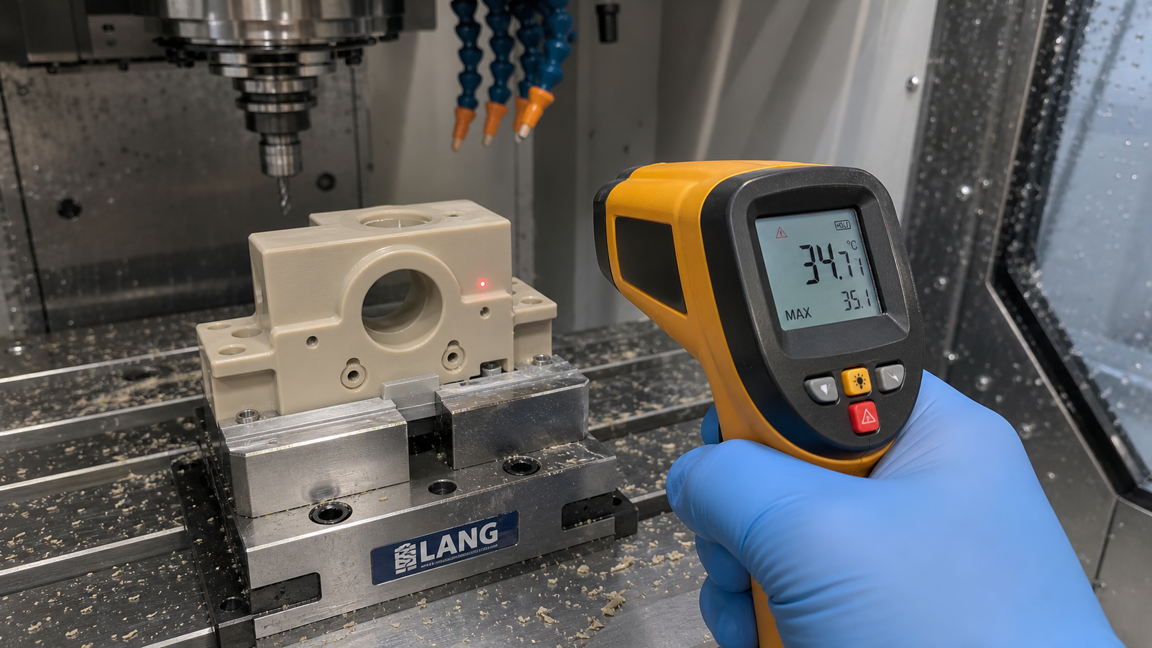 Monitoring Heat Buildup from Repeated Spring Passes An infrared thermometer gun is pointed at a newly machined PEEK component, displaying its surface temperature inside the CNC.