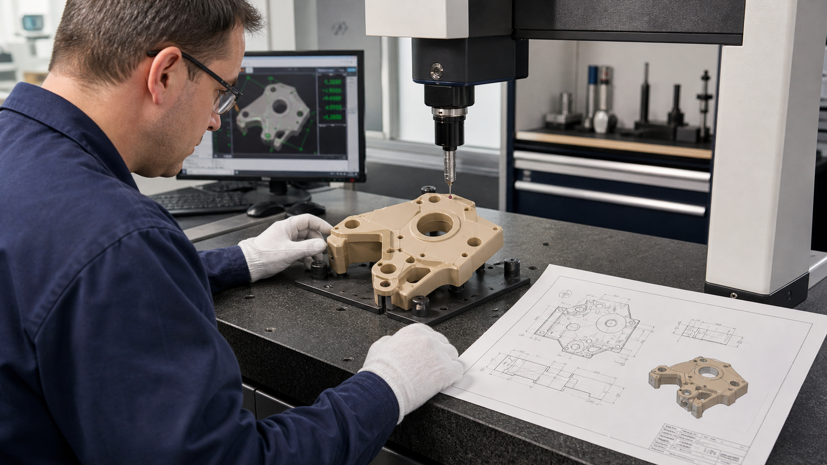 Final Inspection to Identify Non-Deflection Root Causes A quality control inspector reviews a complex PEEK component on a coordinate measuring machine next to its technical drawing.