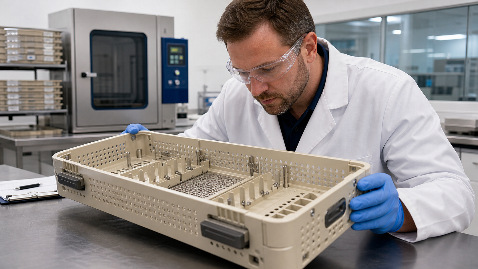 Verifying the integrity of a complete sterilization tray assembly. A technician in a lab coat carefully inspects a complete sterilization tray assembly under bright lighting.