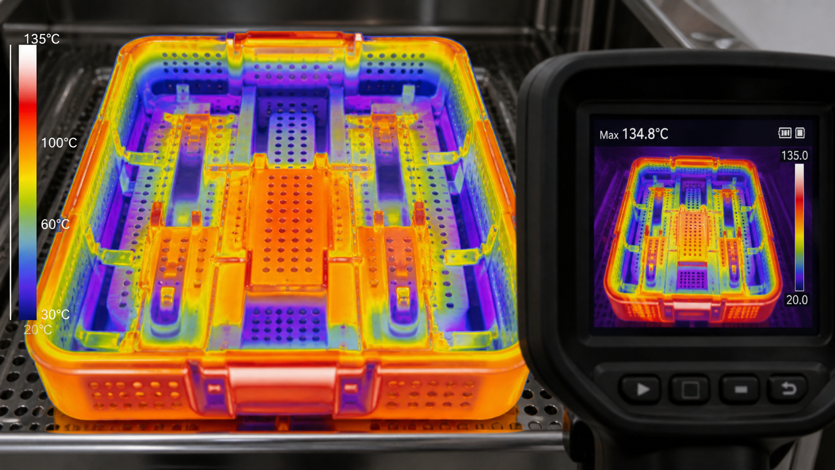 Visualizing thermal exposure and heat distribution in an assembly. A thermal imaging camera view of a sterilization tray showing heat distribution across different components.