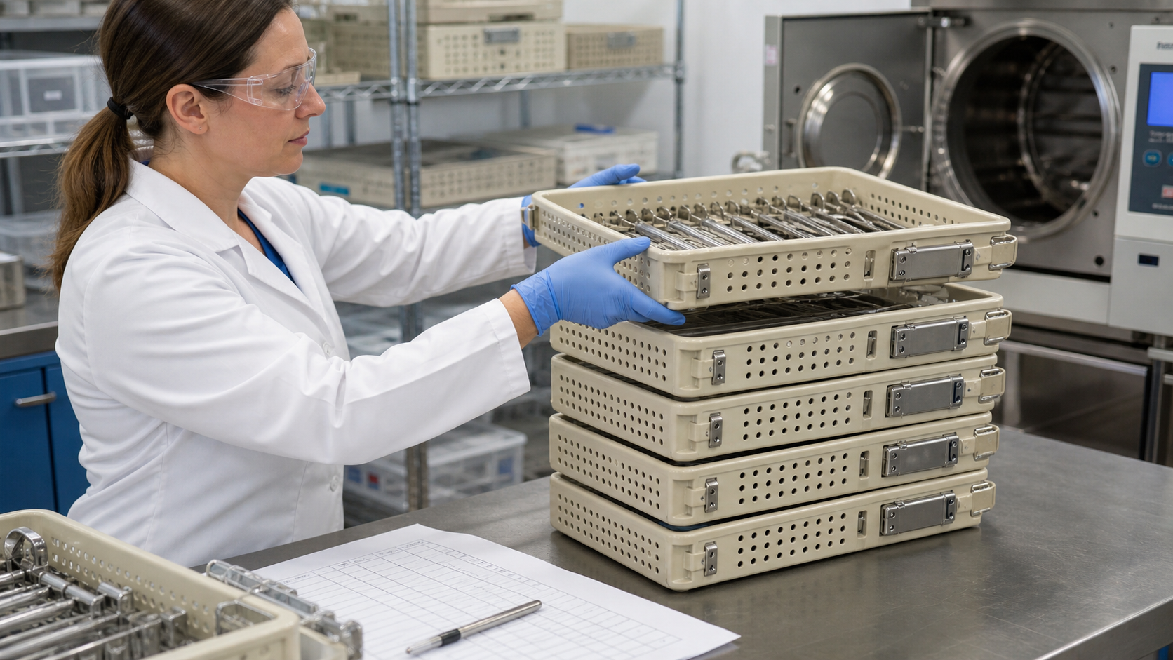 Simulating real-world handling and loading of reprocessed trays. A lab technician wearing gloves stacks several reprocessed sterilization trays to test their structural integrity and fit.