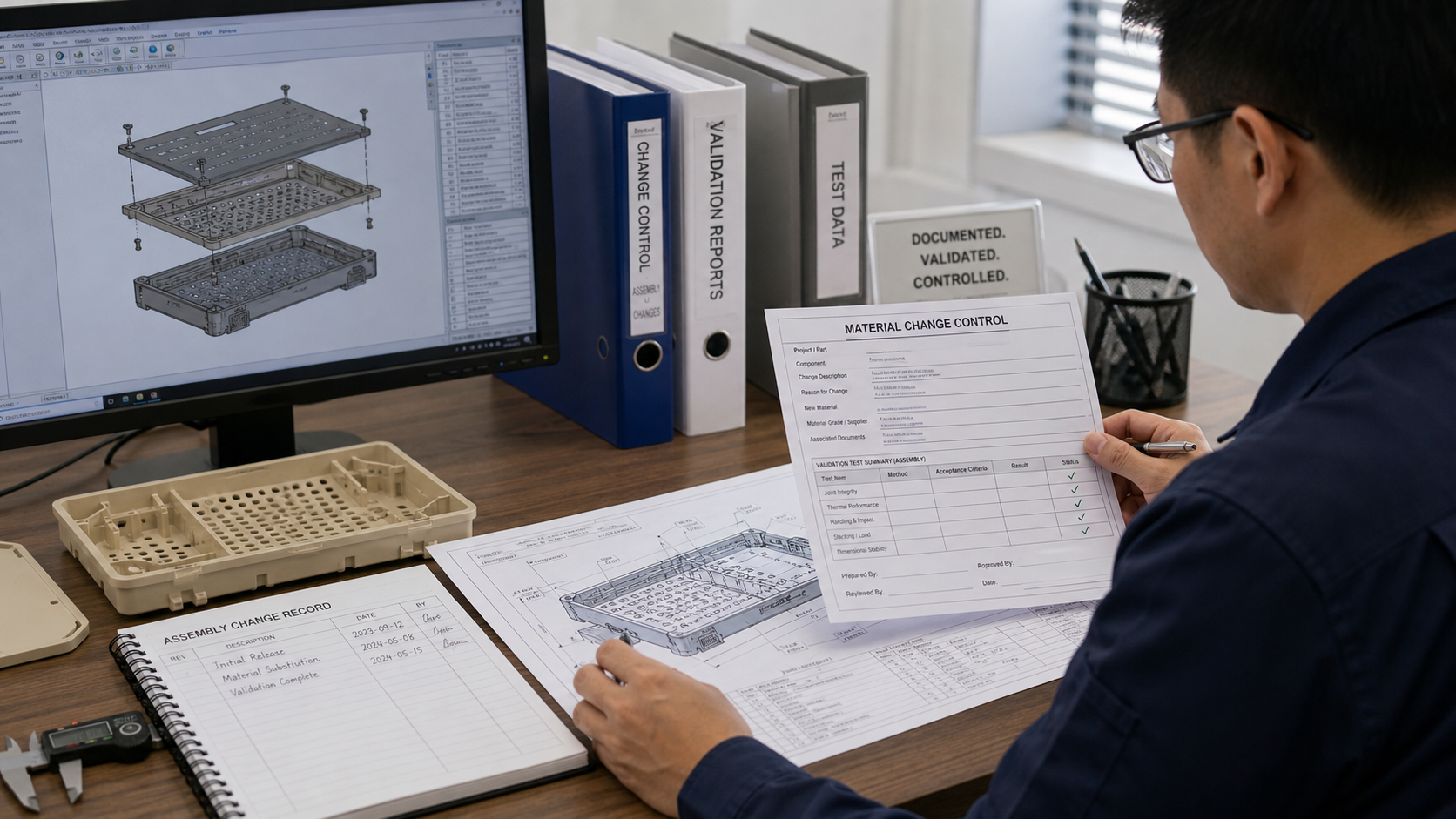 Managing material substitution as a formal engineering assembly change. An engineer at a desk reviewing technical drawings and a material specification sheet for change control documentation.