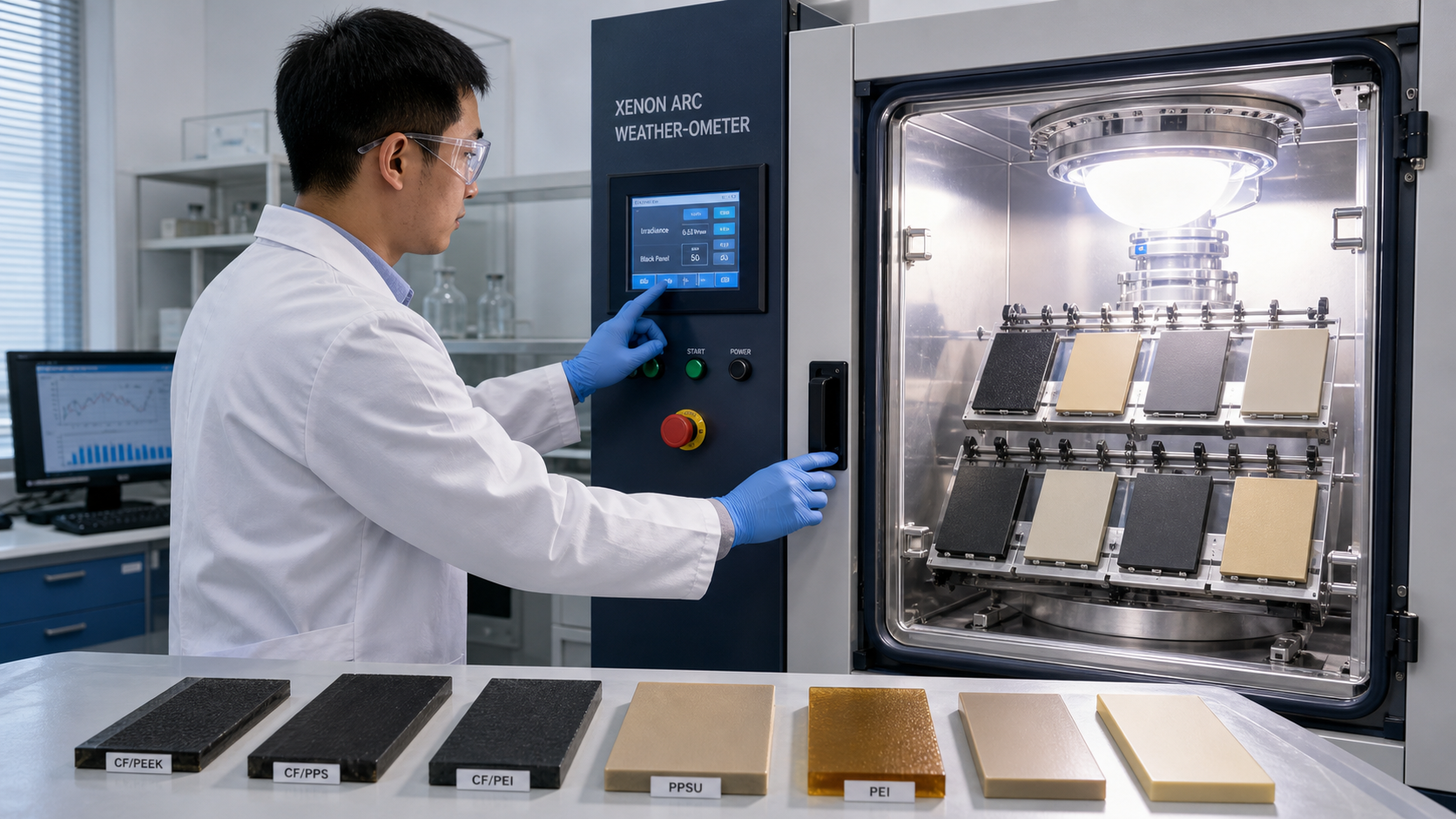 Simulating Sunlight in a Controlled Laboratory Weathering Test A scientist in a lab coat operating a Xenon arc accelerated weathering test chamber with intense light
