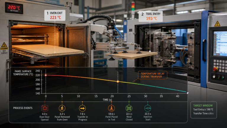 An engineered polymer panel moving from an industrial oven to an injection molding machine with thermal sensor data superimposed