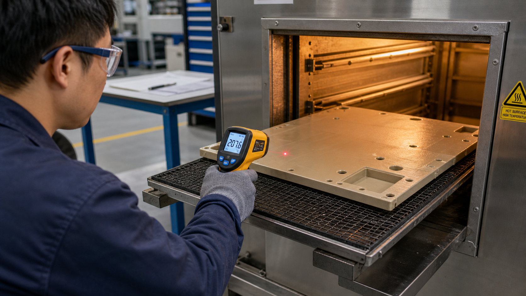 Measuring panel temperature accurately at the oven exit A technician in a workshop using an IR temperature gun to measure a PEEK panel leaving a heating oven