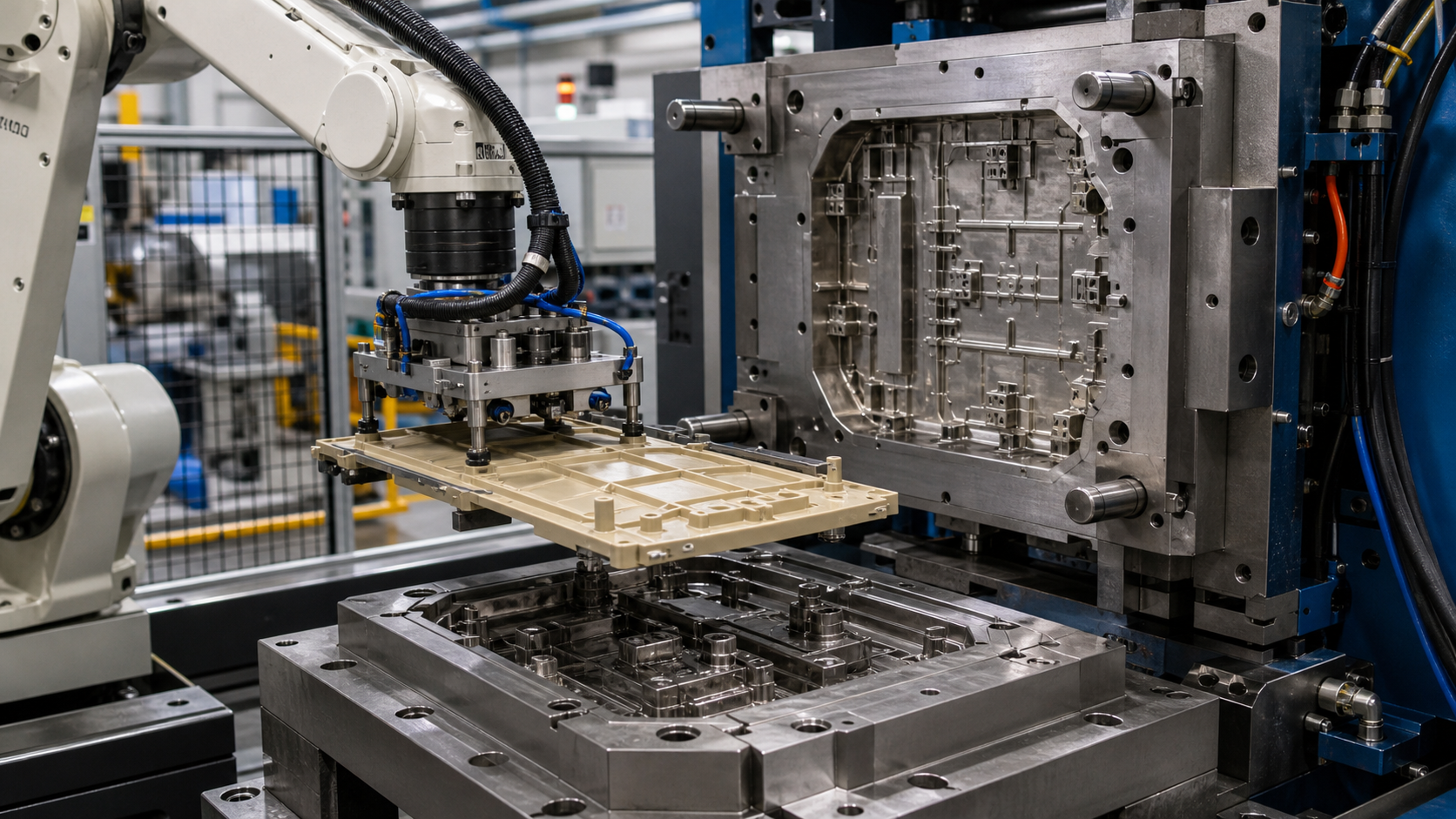 Capturing the critical tool-entry temperature before overmolding A robotic arm carefully placing a preheated polymer insert into an open, complex steel injection mold before overmolding