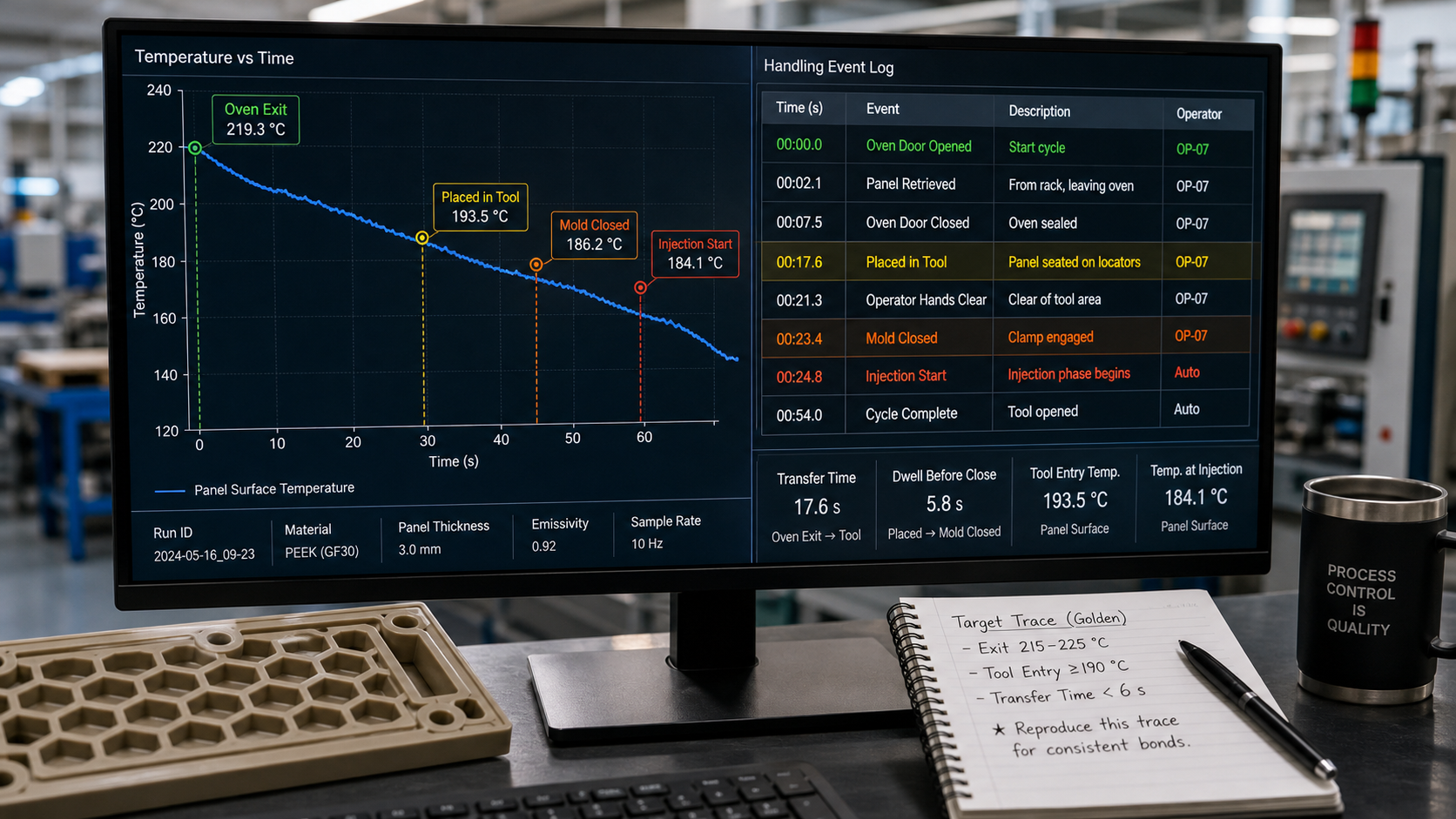 Aligning sensor data with real-world handling events for analysis A split-screen computer monitor showing a declining temperature graph synchronized with a log of manufacturing process events
