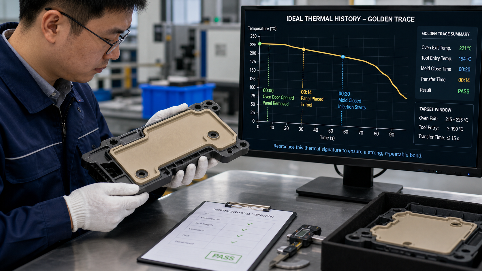 Using a thermal trace to ensure repeatable manufacturing success An inspector examining a flawless PEEK overmolded component, with the ideal thermal history graph displayed on a nearby monitor