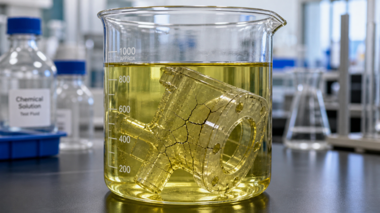 A cracked transparent polymer component submerged in a beaker of yellow chemical fluid in a lab.