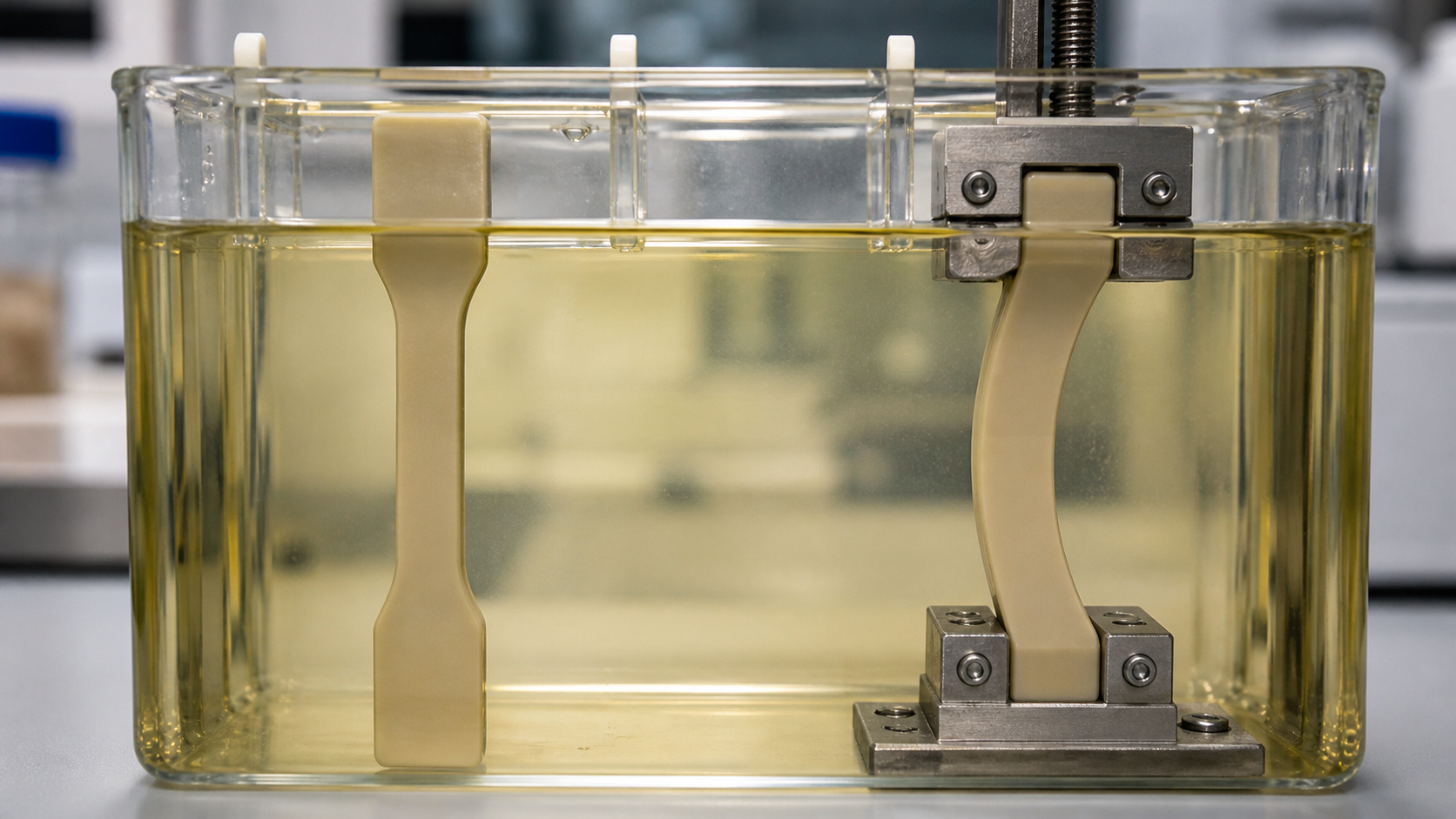 Comparing Polymer Samples With and Without Strain Two PEEK polymer test bars in a chemical bath, one is bent in a metal fixture creating strain.
