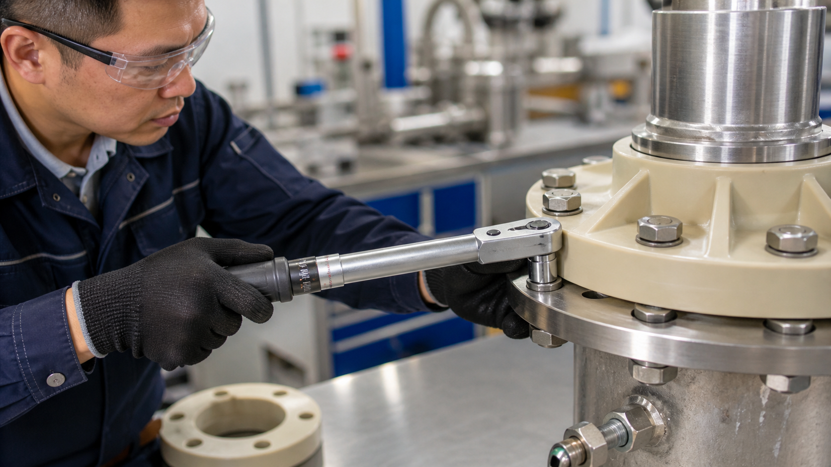 Applying a Realistic Assembly Load for Testing An engineer using a torque wrench on a bolt fastening a polymer flange to a metal part.