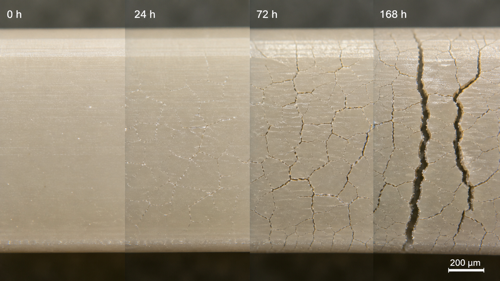 Observing Delayed Cracking During Chemical Exposure A close-up microscope view of microcracks forming on the surface of a stressed polymer over time.