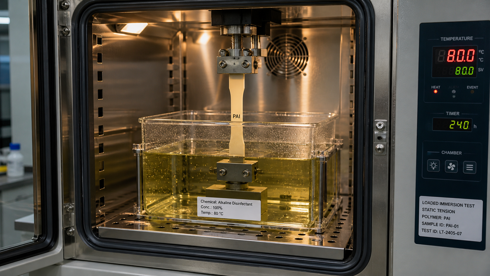 Replicating Service Conditions in a Lab Test A laboratory environmental chamber with a PAI polymer sample under tension in a heated chemical solution.
