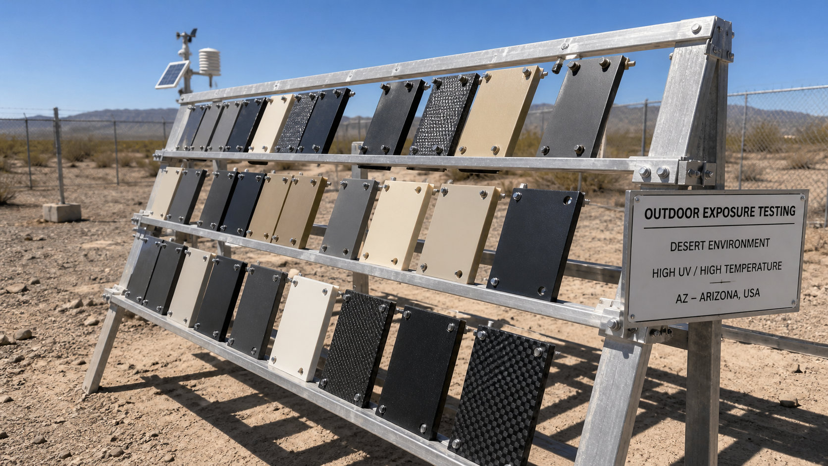 Real-World Material Exposure Testing in a Harsh Environment Polymer test samples mounted on an outdoor exposure rack under the intense sun of a desert climate