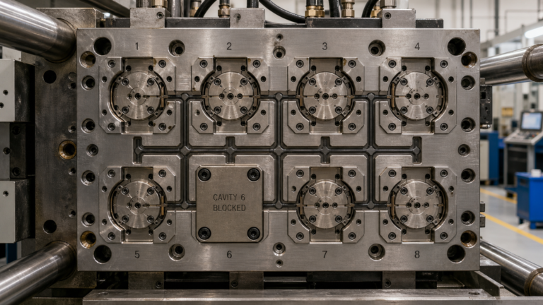 A high-temperature multi-cavity injection mold for PEEK parts with some gates visibly blocked.