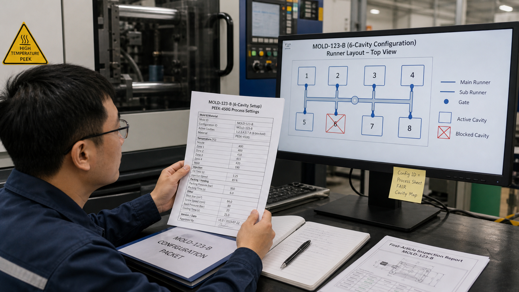 Matching Process Settings to Runner Layout An engineer comparing a process parameter sheet to the runner layout diagram on a screen.