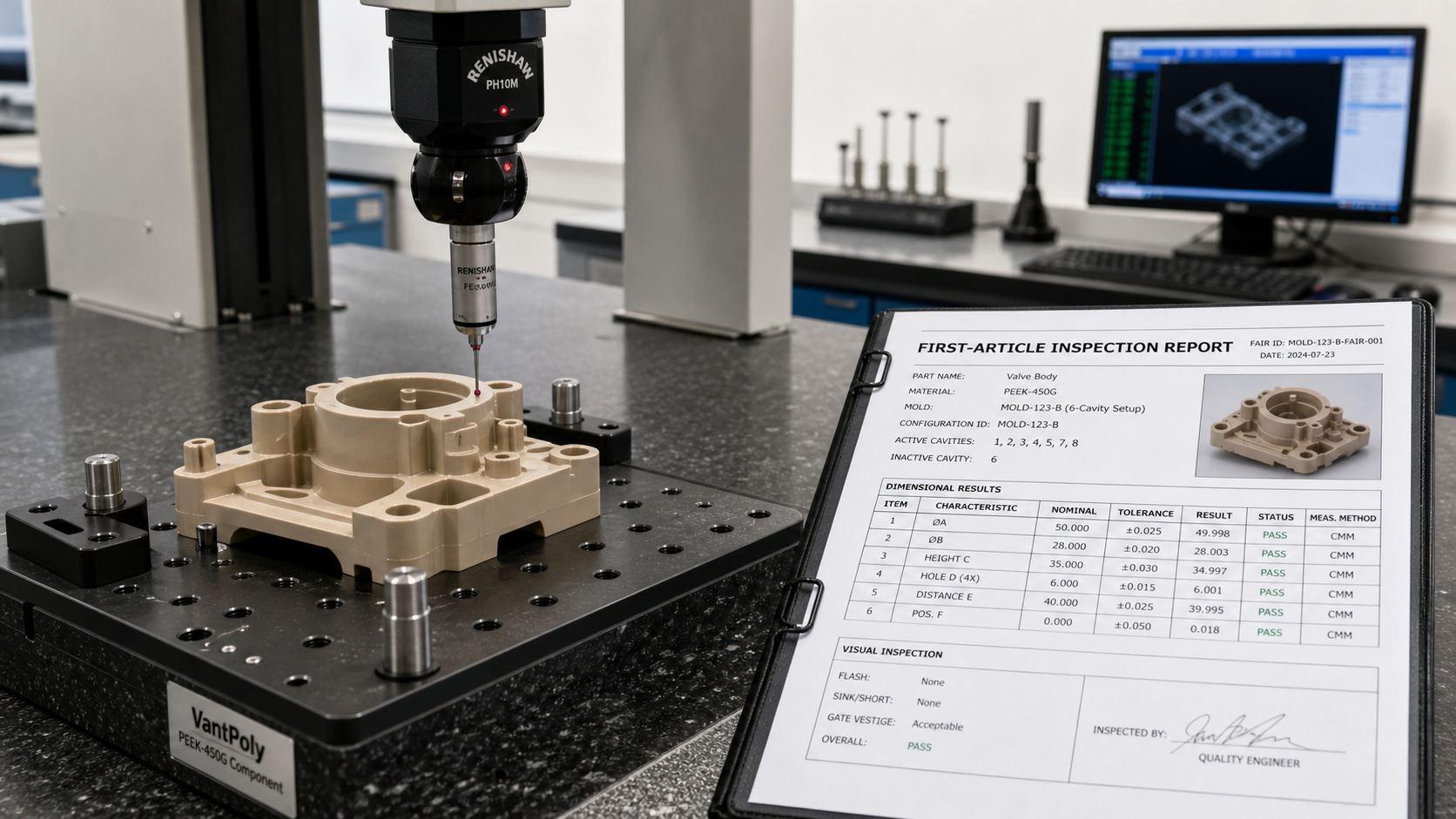 First-Article Inspection for PEEK Parts A high-precision CMM inspecting a PEEK component with a detailed inspection report nearby.