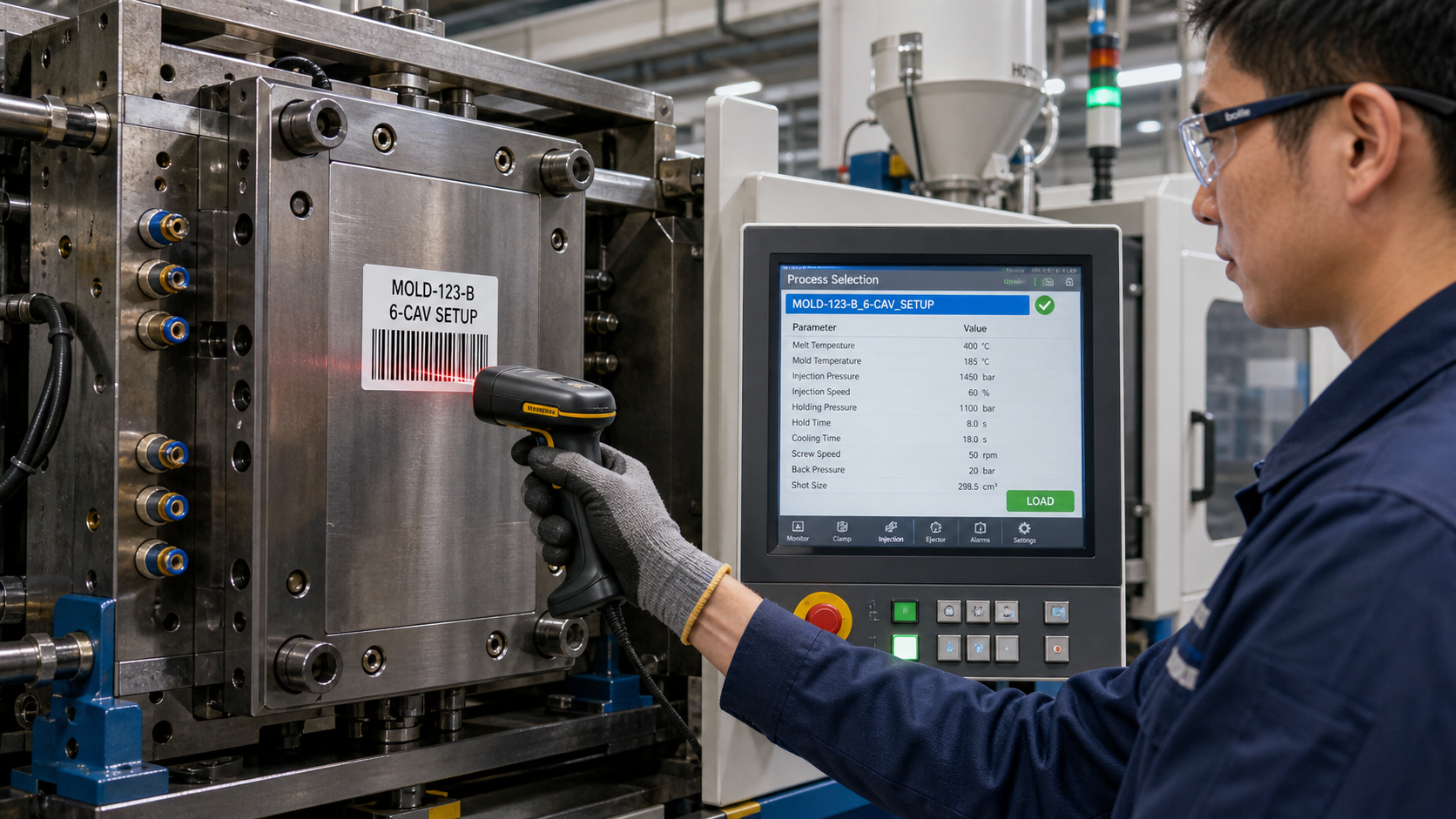 Barcode System for Mold Process Control An operator scanning a barcode on an injection mold, loading correct settings onto the machine's display.