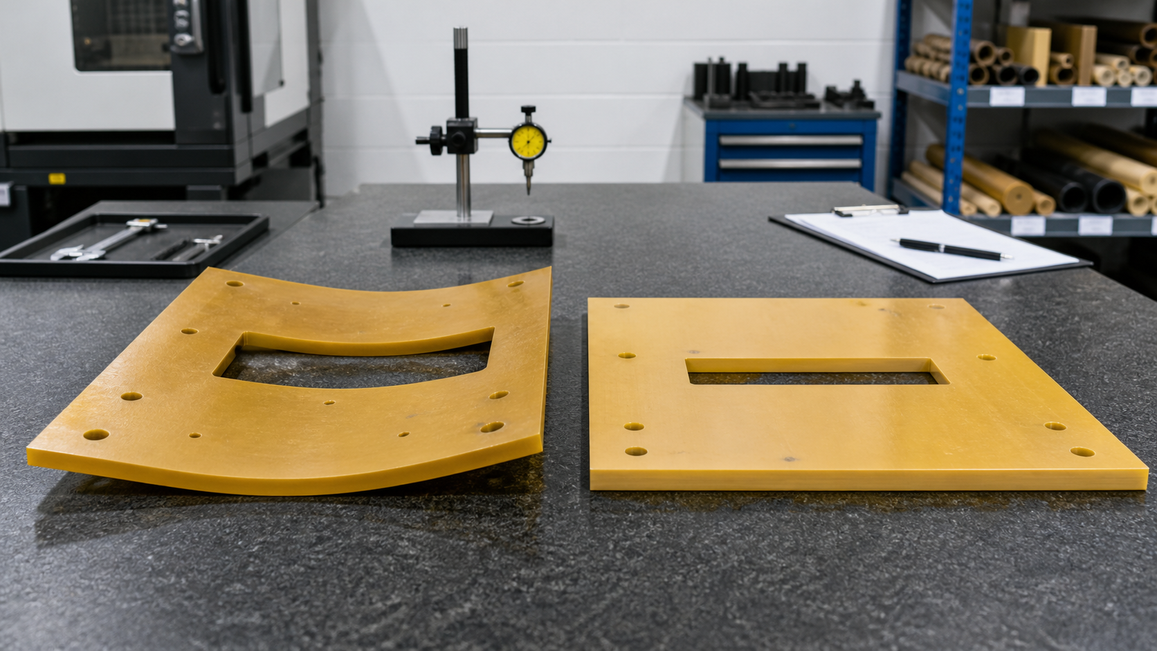 A warped yellow PEI plate is placed next to a perfectly flat one on an inspection table.
