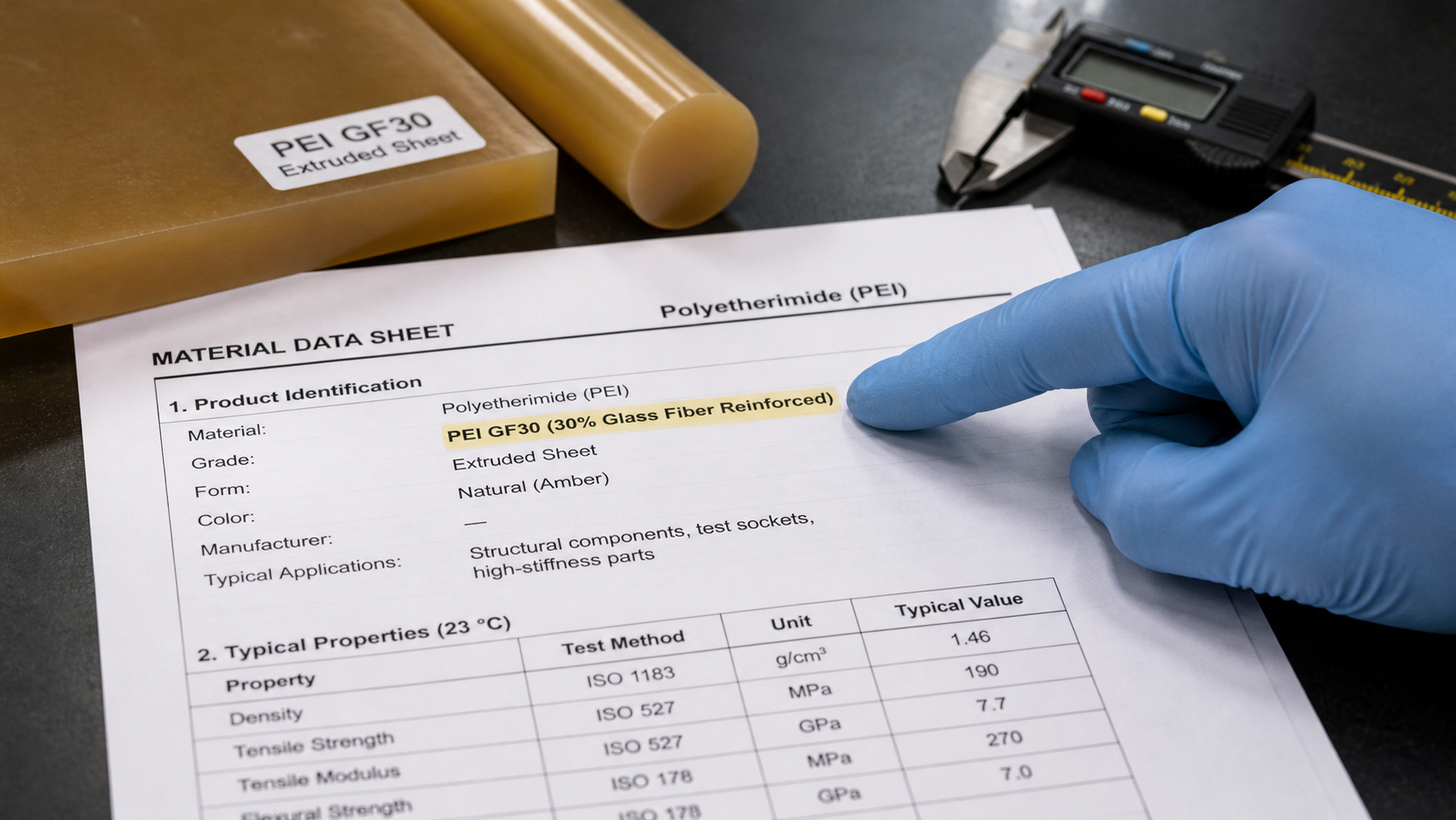 Inspector's gloved hand points to the specific grade on a material data sheet for PEI polymer.