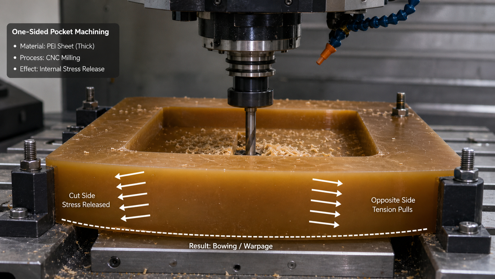CNC machine milling a pocket in a thick PEI sheet, showing stress release arrows indicating warpage.