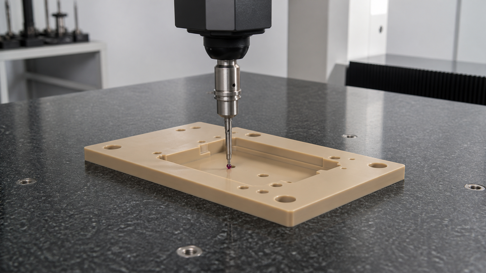 A precision CMM probe touching a PEI component that is resting freely on a granite inspection surface.